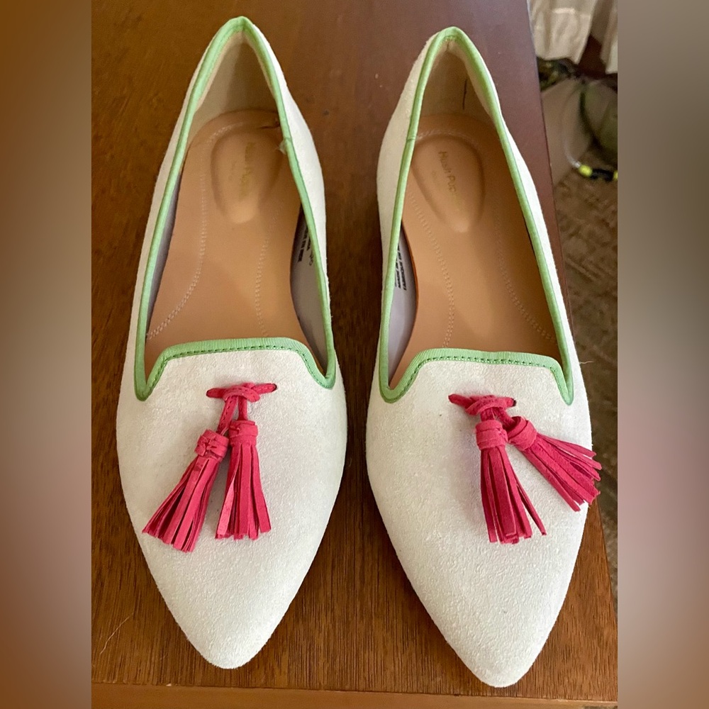 New! Hush Puppies “Bounce” White Suede Flats with Pink Tassels and Green Trim